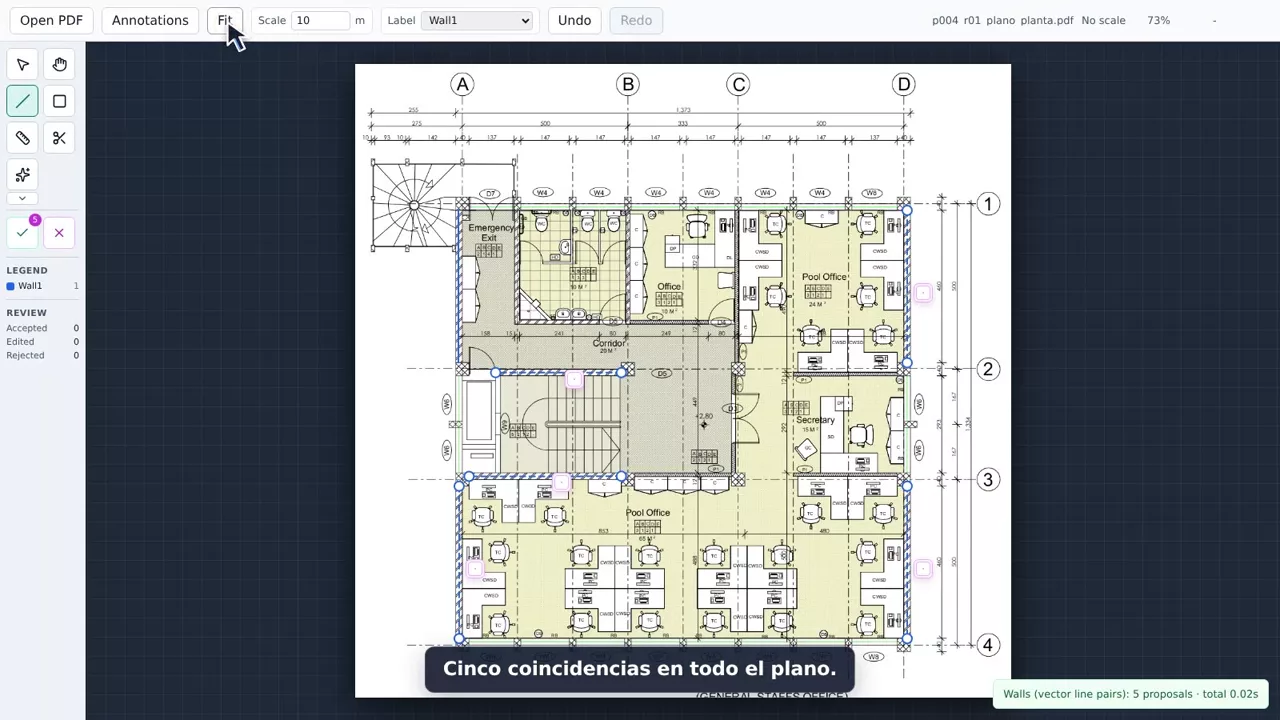 Plano arquitectónico con propuestas de muros resaltadas